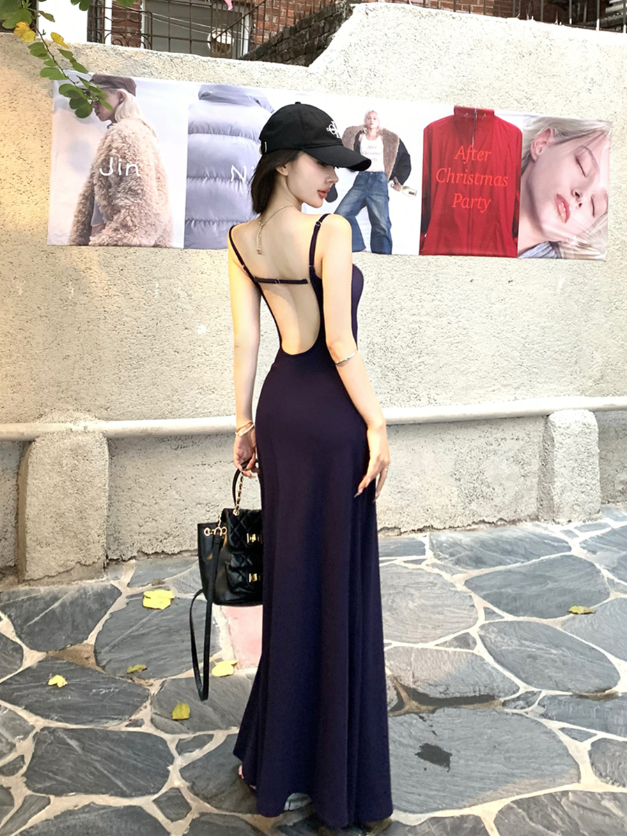 實拍復古性感露背吊帶連衣裙女帶胸墊垂感修身顯瘦裙子