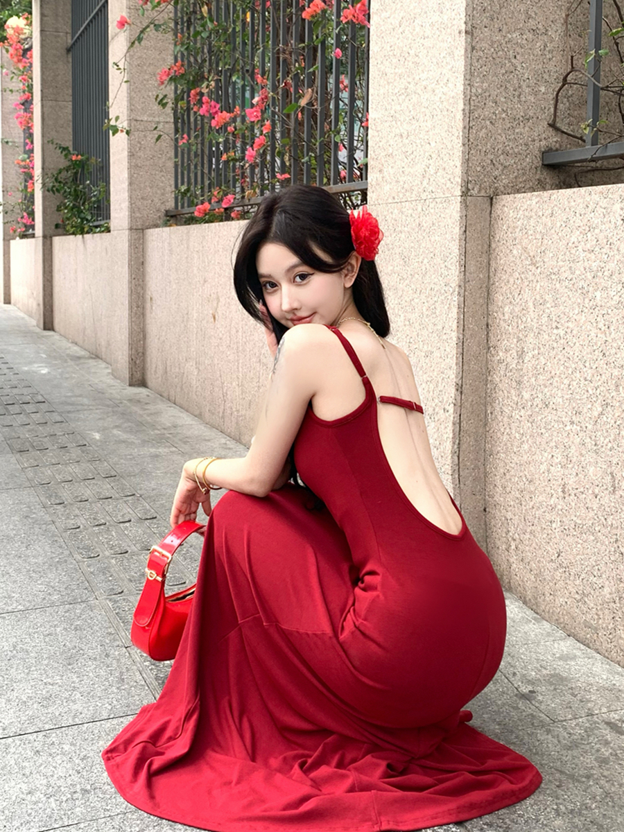實拍復古性感露背吊帶連衣裙女帶胸墊垂感修身顯瘦裙子