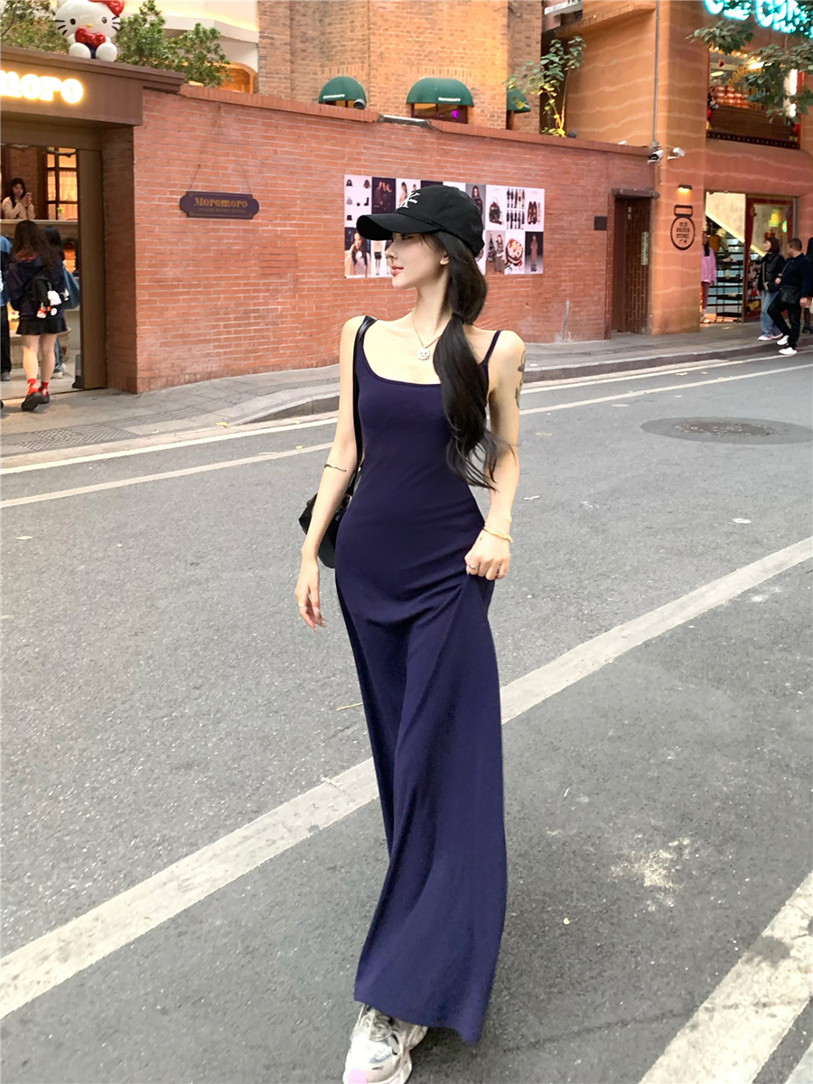 實拍復古性感露背吊帶連衣裙女帶胸墊垂感修身顯瘦裙子