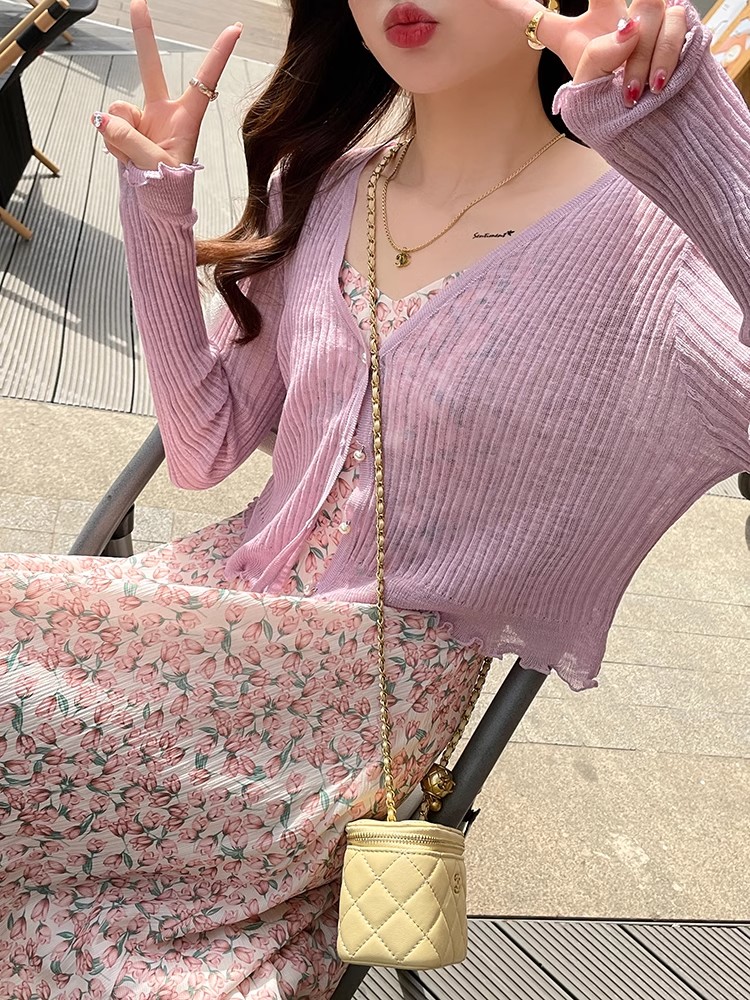 防曬開衫外搭夏季薄款冰絲針織衫女短款配吊帶裙子的外套披肩上衣