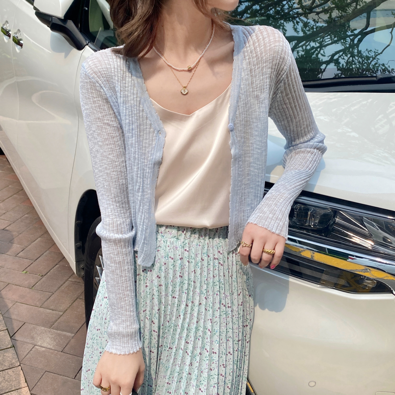 白色針織開衫女外搭罩衫防曬衣夏季薄款配吊帶裙子披肩外套短上衣