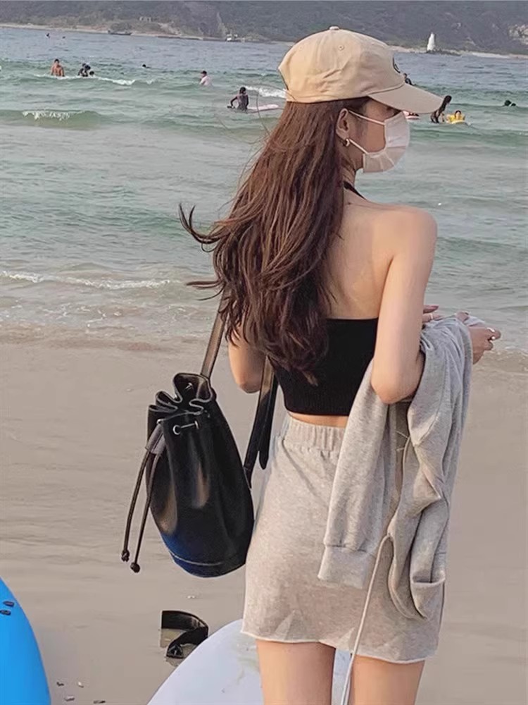 辣妹v領掛脖吊帶背心女夏季外穿小個子無袖系帶露背短款針織上衣