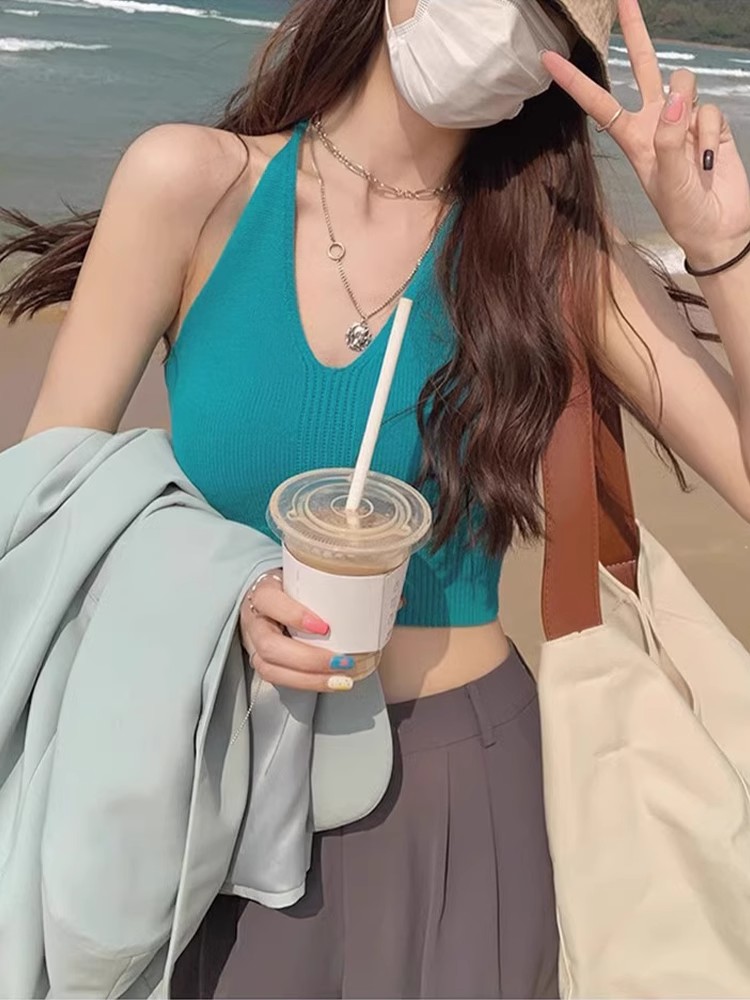 辣妹v領掛脖吊帶背心女夏季外穿小個子無袖系帶露背短款針織上衣