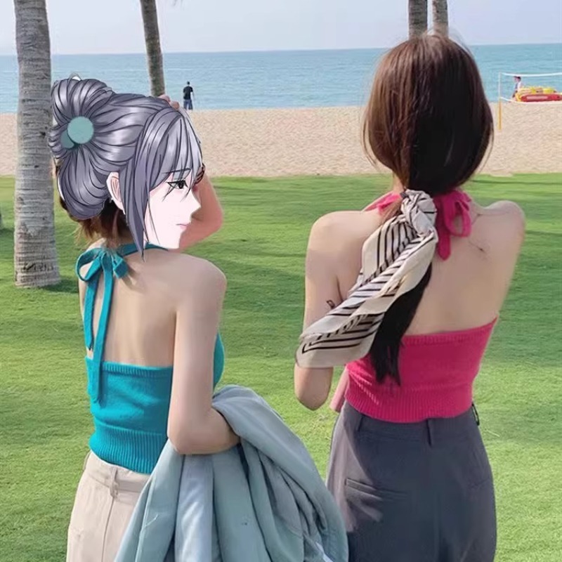 辣妹v領掛脖吊帶背心女夏季外穿小個子無袖系帶露背短款針織上衣