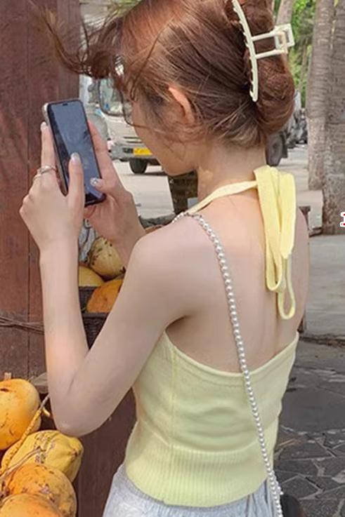 辣妹v領掛脖吊帶背心女夏季外穿小個子無袖系帶露背短款針織上衣