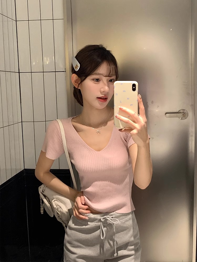 粉色v領短袖t恤女2026夏季修身顯瘦肌理感百搭短款針織上衣