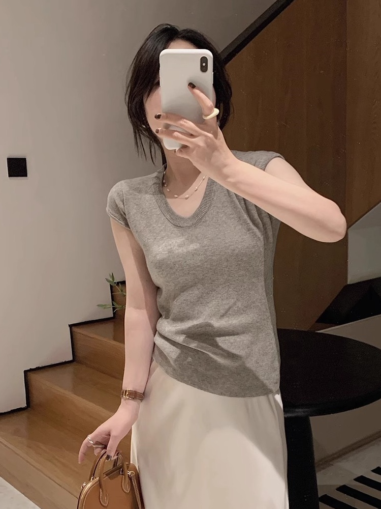 韓版法式復古優雅純色短袖質感u領針織衫女顯瘦百搭上衣