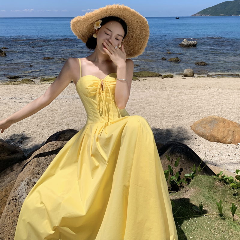 貝兒公主吊帶連衣長裙女夏季茶歇法式氣質收腰顯瘦A字裙子