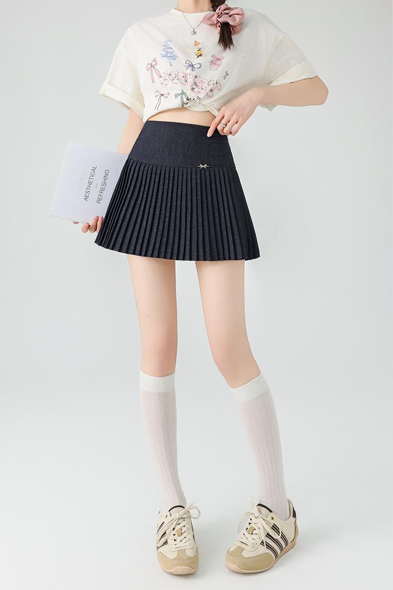 天絲牛仔百褶裙女2025新款小個子高腰百搭短裙學院風a字半身裙子