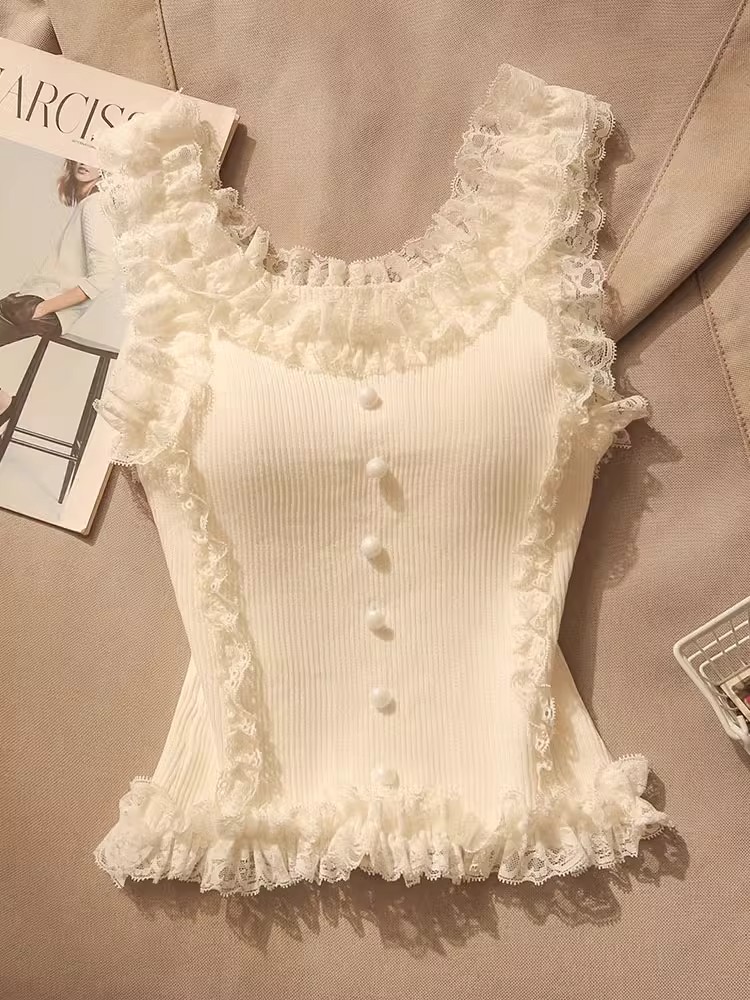 純欲甜辣蕾絲花邊吊帶背心女夏辣妹修身顯瘦針織打底短款無袖上衣