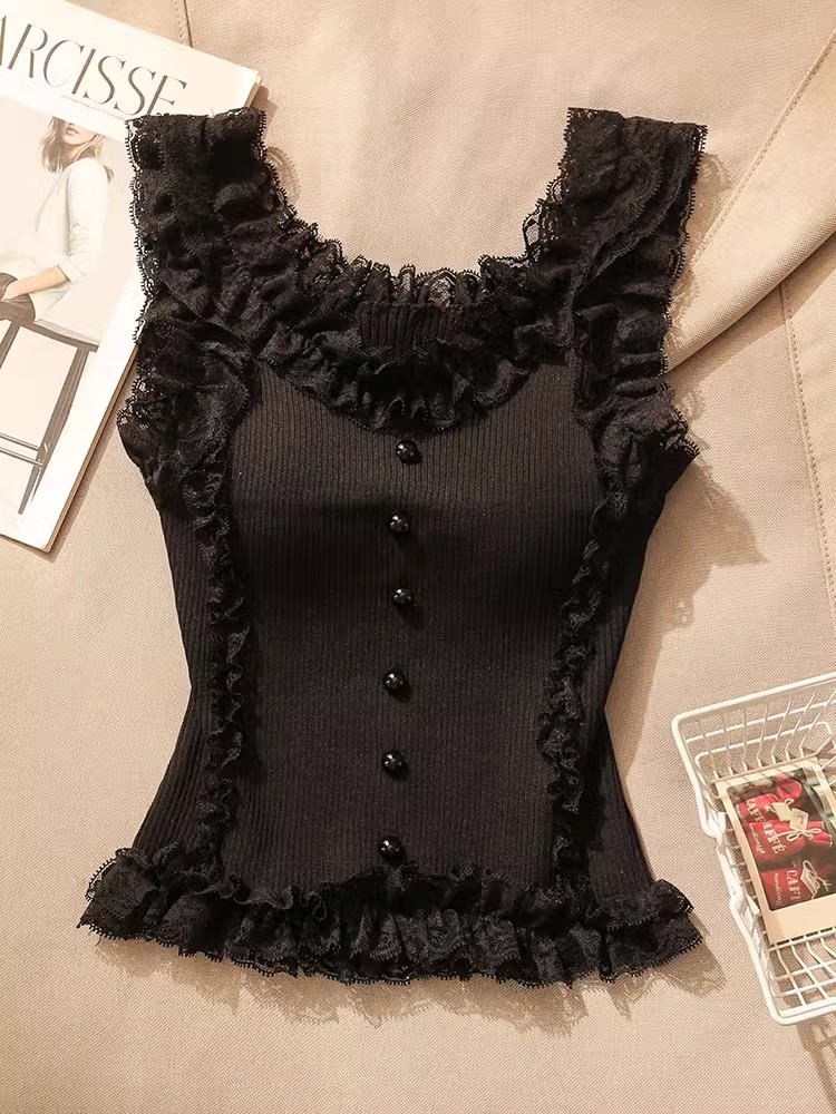 純欲甜辣蕾絲花邊吊帶背心女夏辣妹修身顯瘦針織打底短款無袖上衣