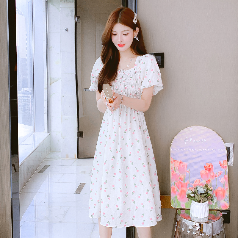實拍茶歇連衣裙子夏季2025年新款女裝法式氣質小個子短袖收腰顯瘦