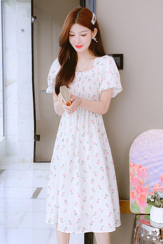 實拍茶歇連衣裙子夏季2025年新款女裝法式氣質小個子短袖收腰顯瘦