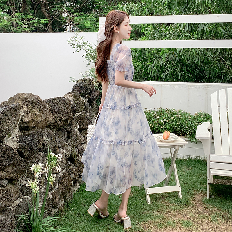 實拍2025夏季新微胖顯瘦溫柔風法式碎花長裙超仙女甜美公主連衣裙