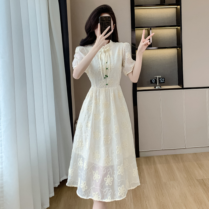 實拍新中式國風立領提花連衣裙女夏季小眾高級感收腰顯瘦中長裙