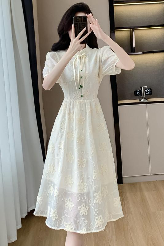 實拍新中式國風立領提花連衣裙女夏季小眾高級感收腰顯瘦中長裙