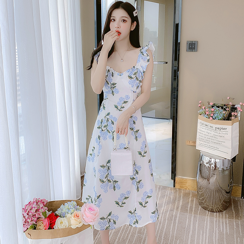 實拍2025夏季無袖淑女超修身甜美瑞麗小清新植物花卉連衣裙