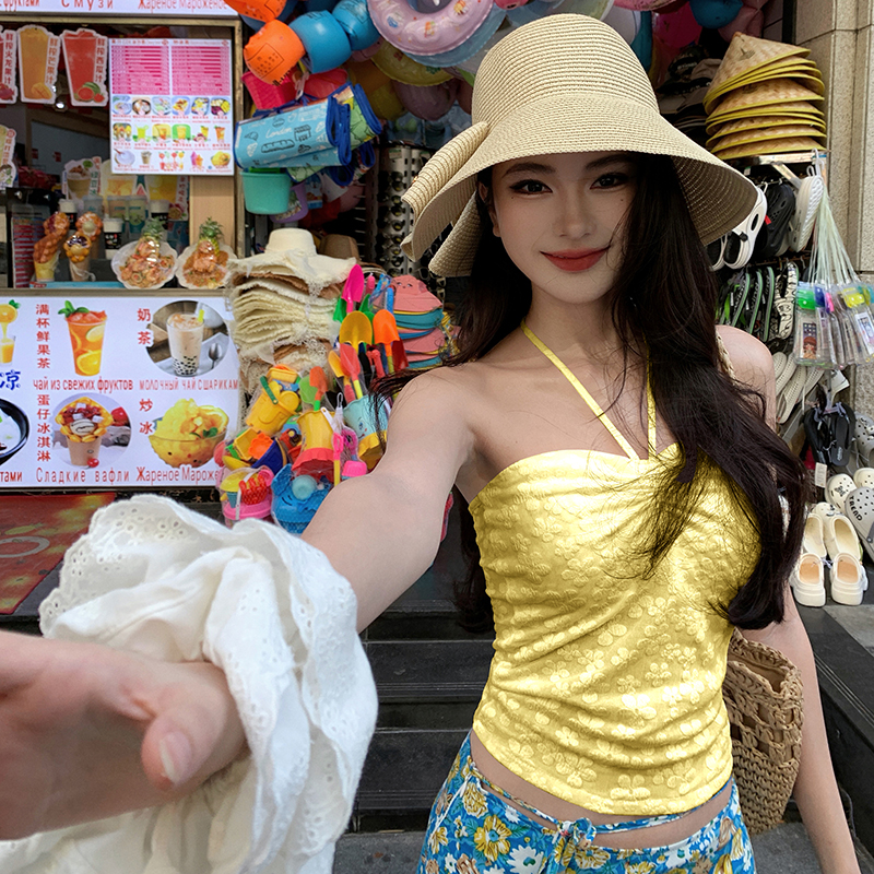實拍海邊度假風套裝法式抽繩抹胸背心上衣女碎花半身裙兩件套