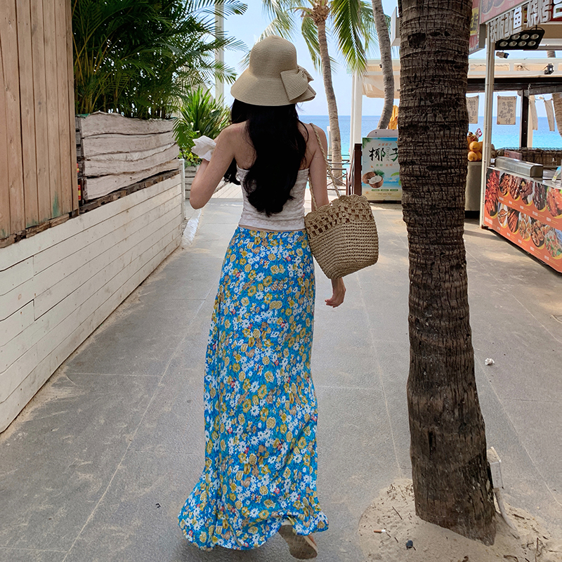 實拍海邊度假風套裝法式抽繩抹胸背心上衣女碎花半身裙兩件套