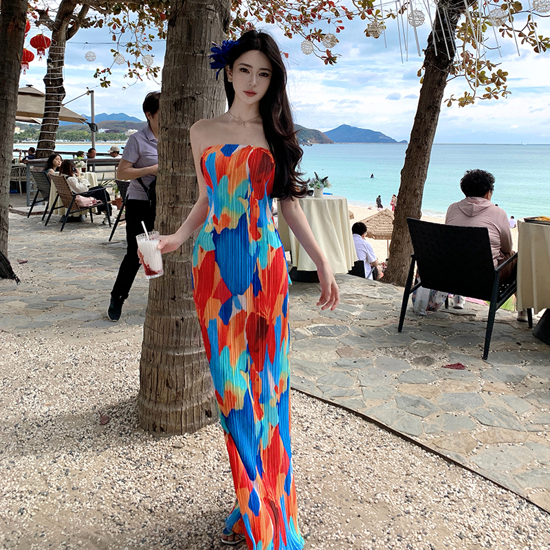 實拍彩色油畫花朵印花抹胸直筒皺褶長款性感度假連衣裙