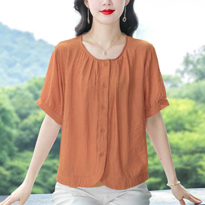 襯衫女士夏裝新款媽媽裝圓領棉麻寬松大碼上衣短袖襯衣