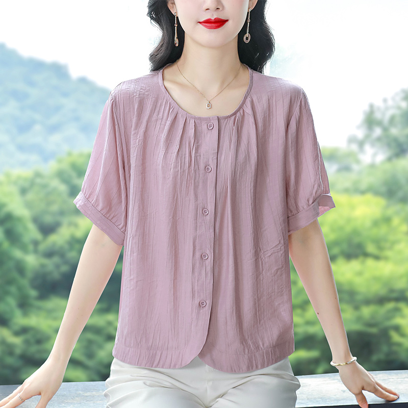 襯衫女士夏裝新款媽媽裝圓領棉麻寬松大碼上衣短袖襯衣