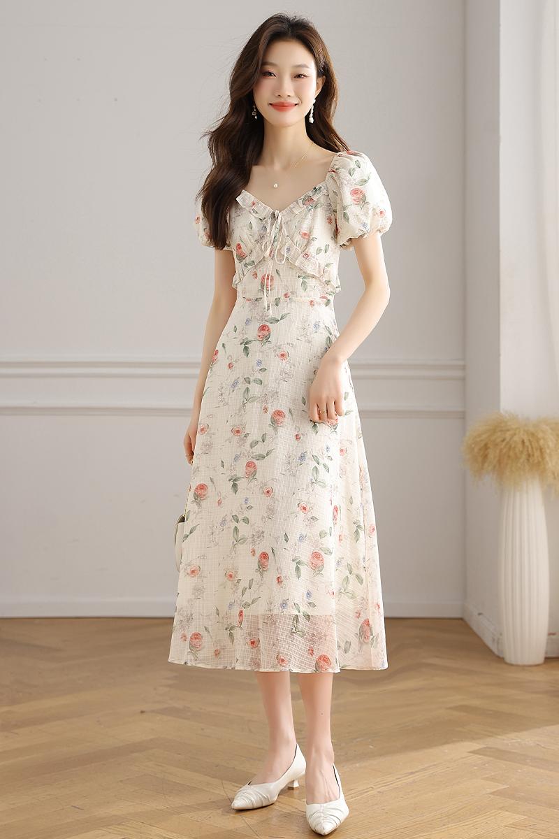 實拍 法式碎花連衣裙女2026夏季新款高級感顯瘦氣質桔梗長裙