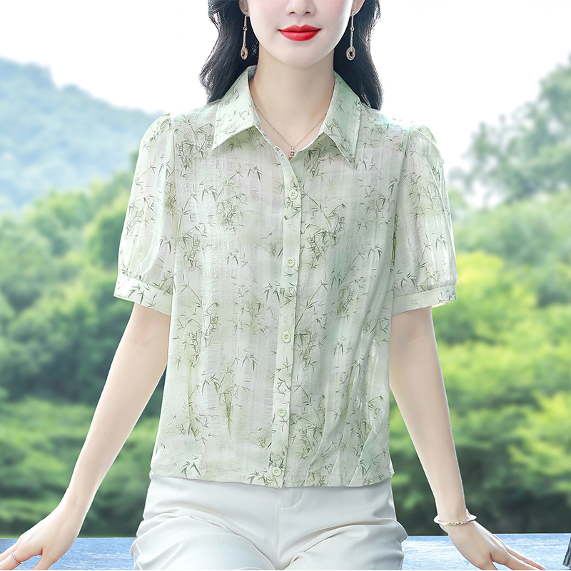 夏季短袖印花雪紡衫襯衫女新款洋氣小衫減齡顯瘦遮肚子上衣