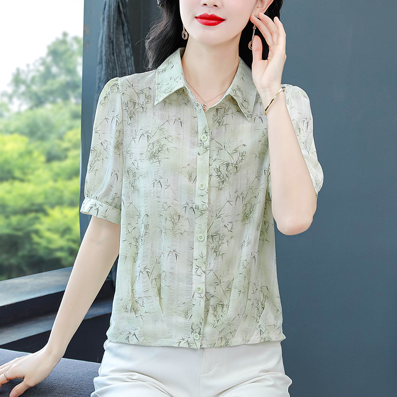 夏季短袖印花雪紡衫襯衫女新款洋氣小衫減齡顯瘦遮肚子上衣