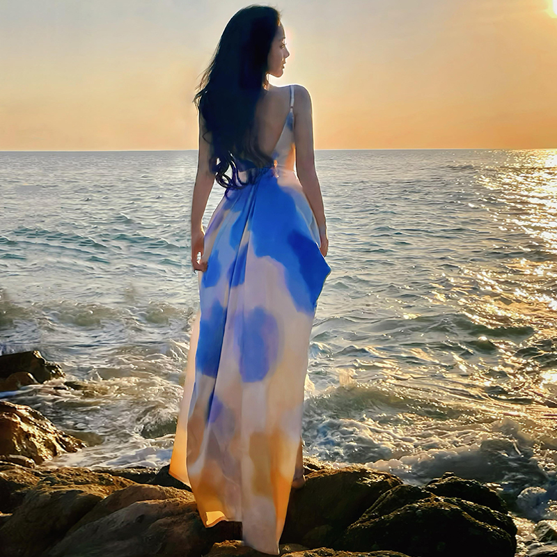 實拍落日漸變暈染度假風吊帶裙夏法式氣質垂感A字長裙女