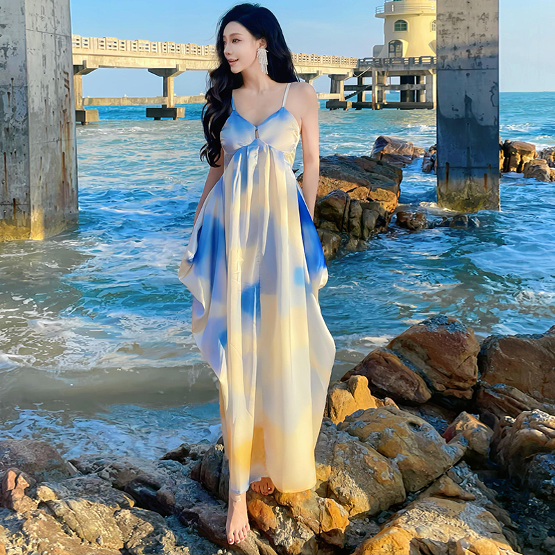 實拍落日漸變暈染度假風吊帶裙夏法式氣質垂感A字長裙女