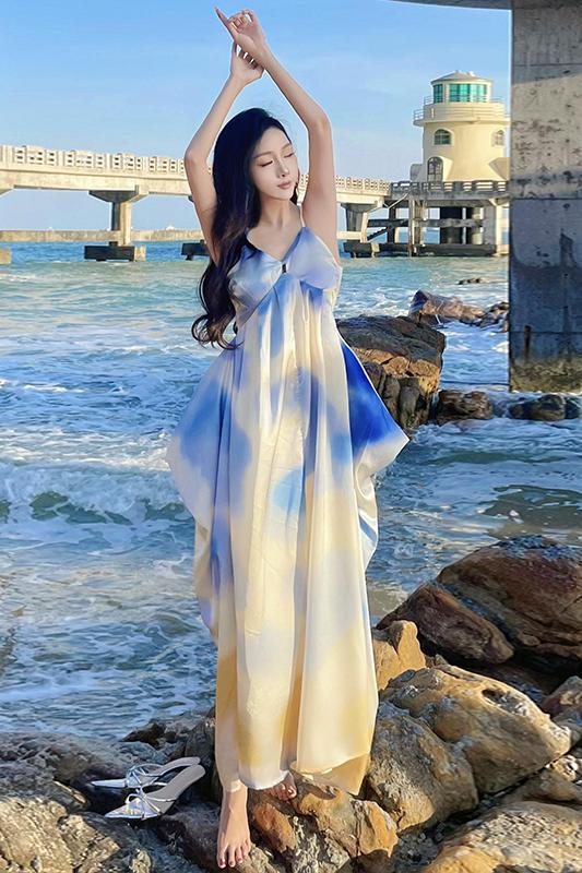 實拍落日漸變暈染度假風吊帶裙夏法式氣質垂感A字長裙女