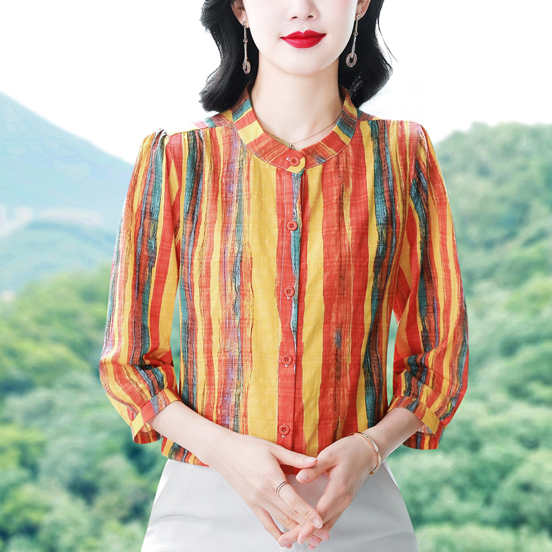 春夏新款時尚輕奢立領小衫氣質媽媽裝百搭棉麻寬松顯瘦中袖上衣