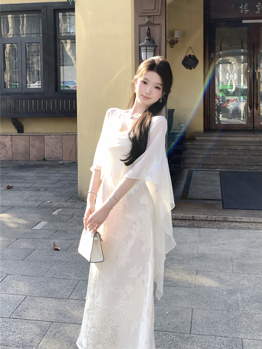 實拍性感溫柔氣質提花吊帶連衣裙+防曬開衫披肩兩件套女