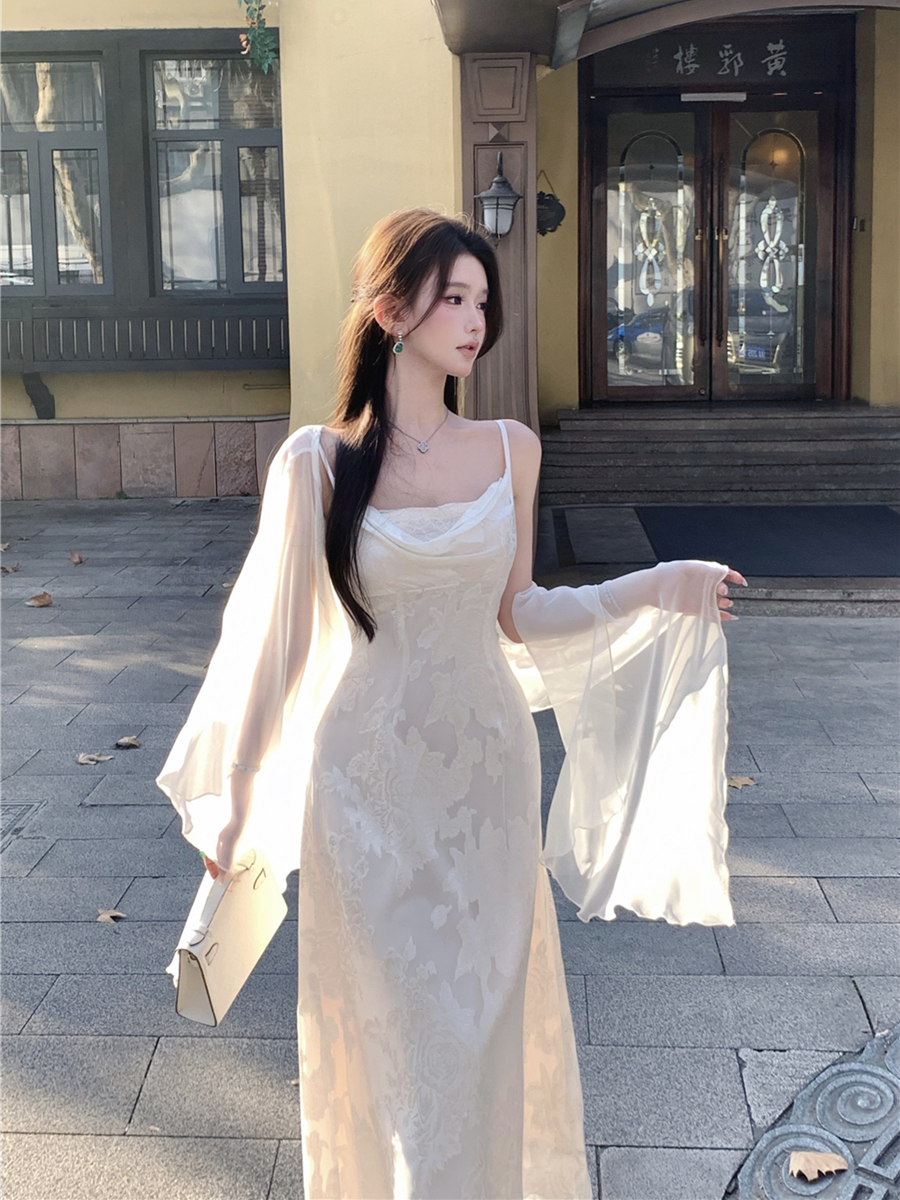 實拍性感溫柔氣質提花吊帶連衣裙+防曬開衫披肩兩件套女