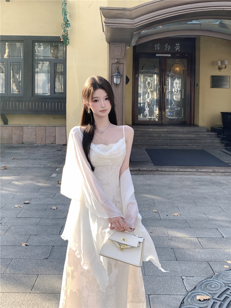 實拍性感溫柔氣質提花吊帶連衣裙+防曬開衫披肩兩件套女