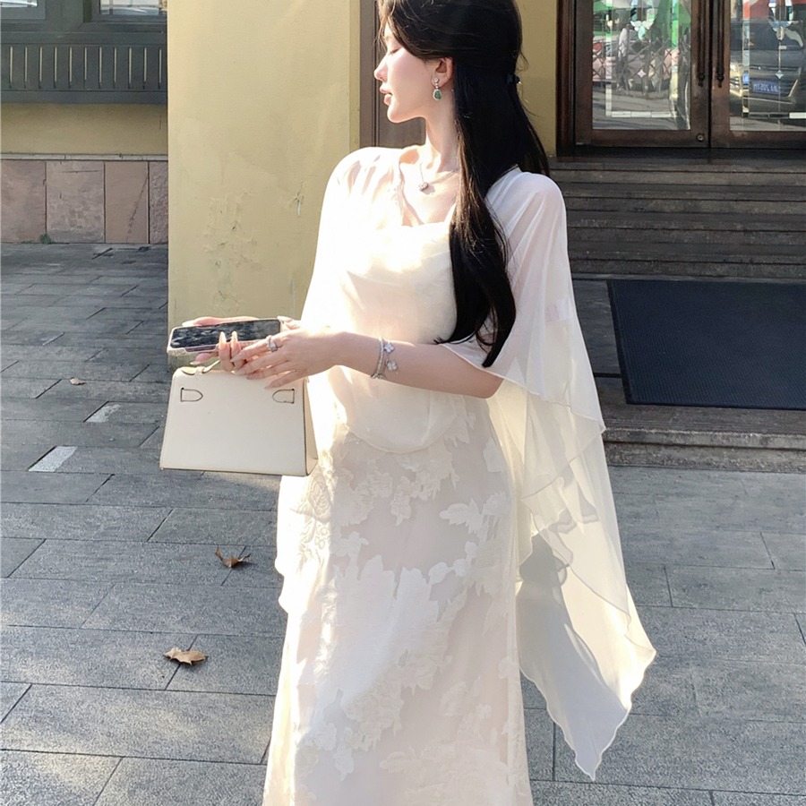 實拍性感溫柔氣質提花吊帶連衣裙+防曬開衫披肩兩件套女