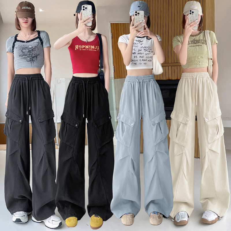 實拍 工裝褲女秋冬2025新款高腰垂感大口袋休閑褲闊腿美式運動褲