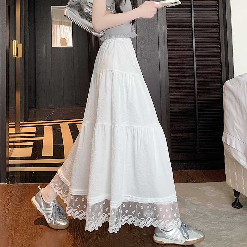 實拍溫柔風蕾絲拼接高腰半身裙女夏2025新款A字顯瘦垂感長裙