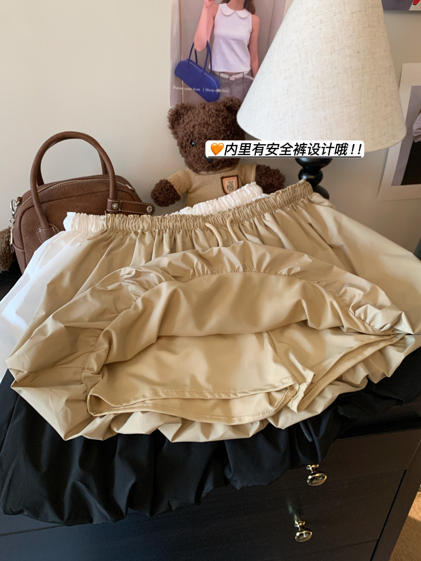 實拍甜美復古卡其色蓬蓬花苞裙女高腰顯瘦裙子小個子半身短裙