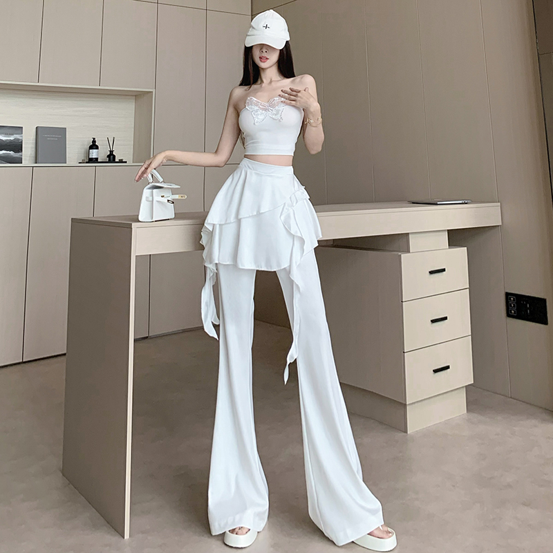 荷葉邊假兩件微喇叭褲裙女春夏2025新款時尚洋氣高腰休閑拖地長褲