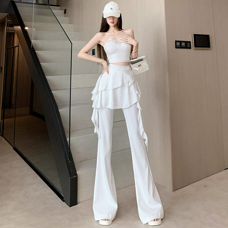 荷葉邊假兩件微喇叭褲裙女春夏2025新款時尚洋氣高腰休閑拖地長褲