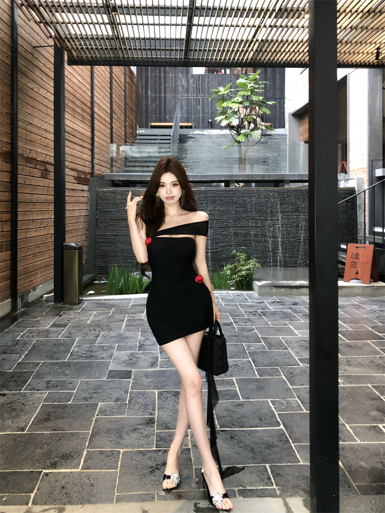 實拍實價  辣妹一字肩修身辣妹連衣裙短款