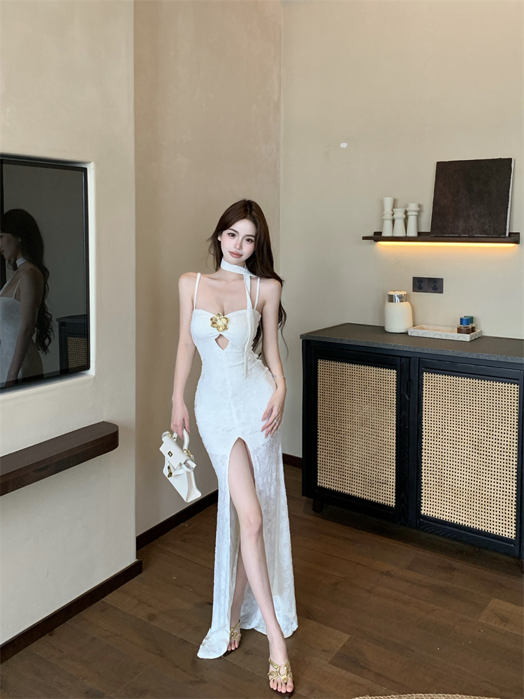 實拍實價 辣妹修身顯瘦高開叉吊帶連衣裙中長款