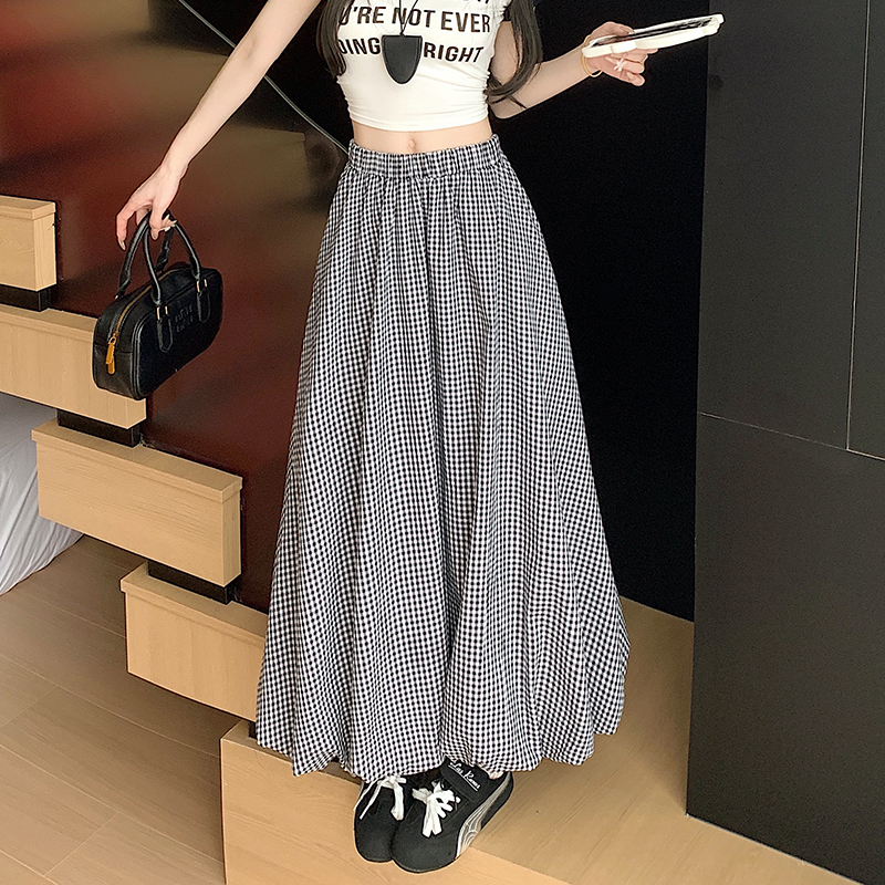 實拍復古格子花苞裙女新款松緊腰云朵蓬蓬裙中長款a字半身裙