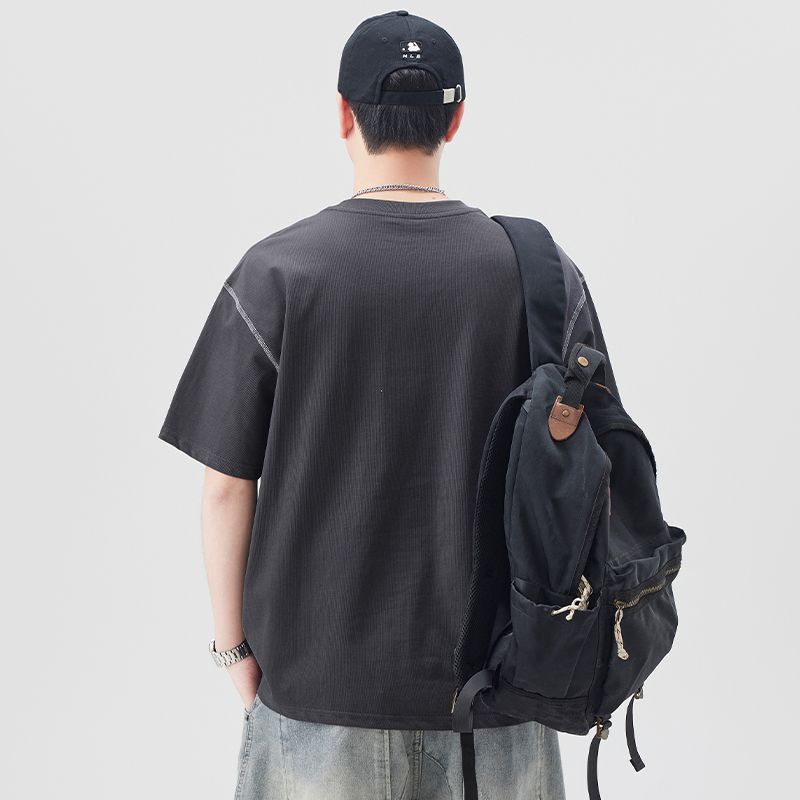 實拍夏季新款明線刺繡短袖T恤男寬松圓領五分袖體恤衫百搭休閑t恤