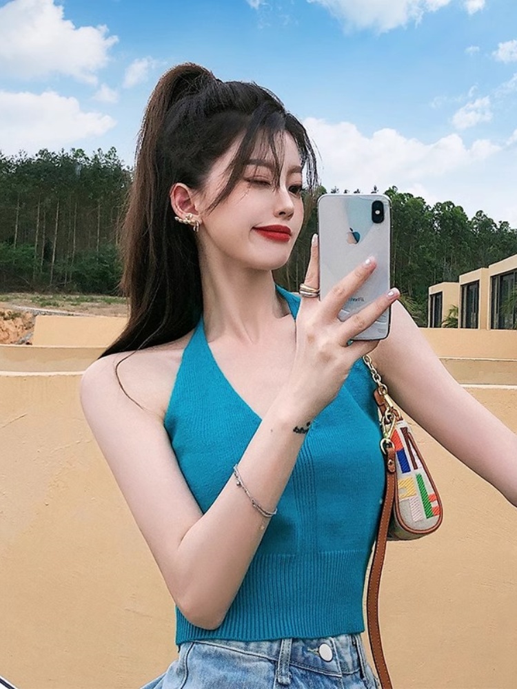 夏季辣妹穿搭掛脖系帶針織背心設計感小眾外穿吊帶高腰短款上衣女