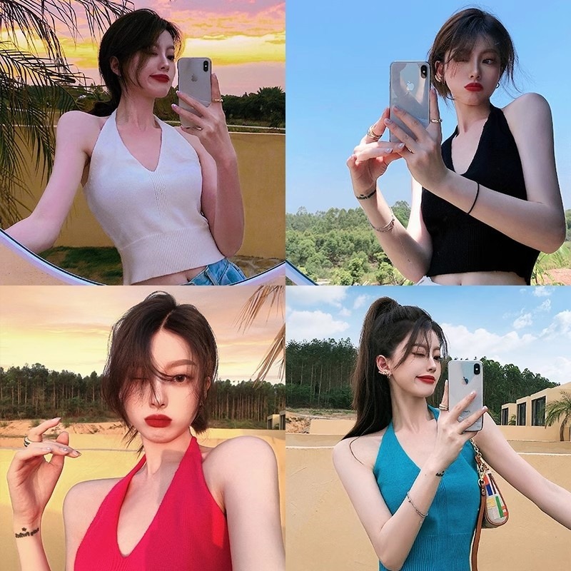 夏季辣妹穿搭掛脖系帶針織背心設計感小眾外穿吊帶高腰短款上衣女