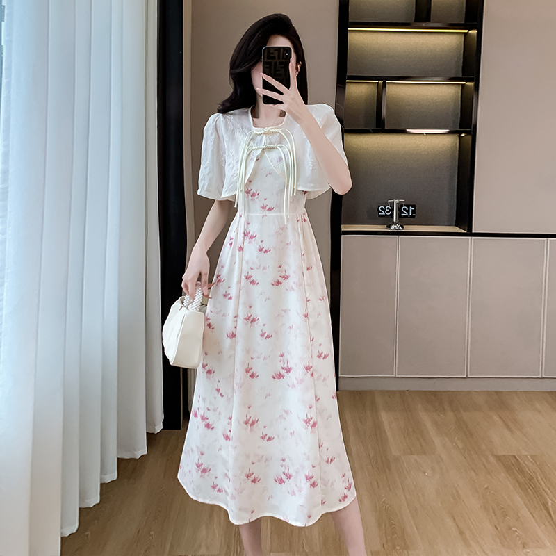 實拍新中式國風吊帶連衣裙兩件套2024夏季新款氣質改良旗袍套裝女