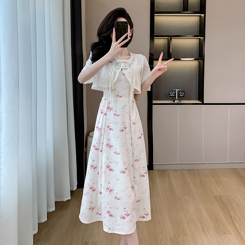 實拍新中式國風吊帶連衣裙兩件套2024夏季新款氣質改良旗袍套裝女